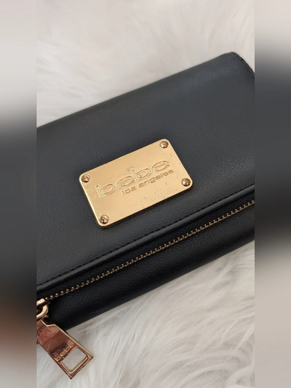 bebe Black Faux Leather Wristlet Wallet with Gold Plate